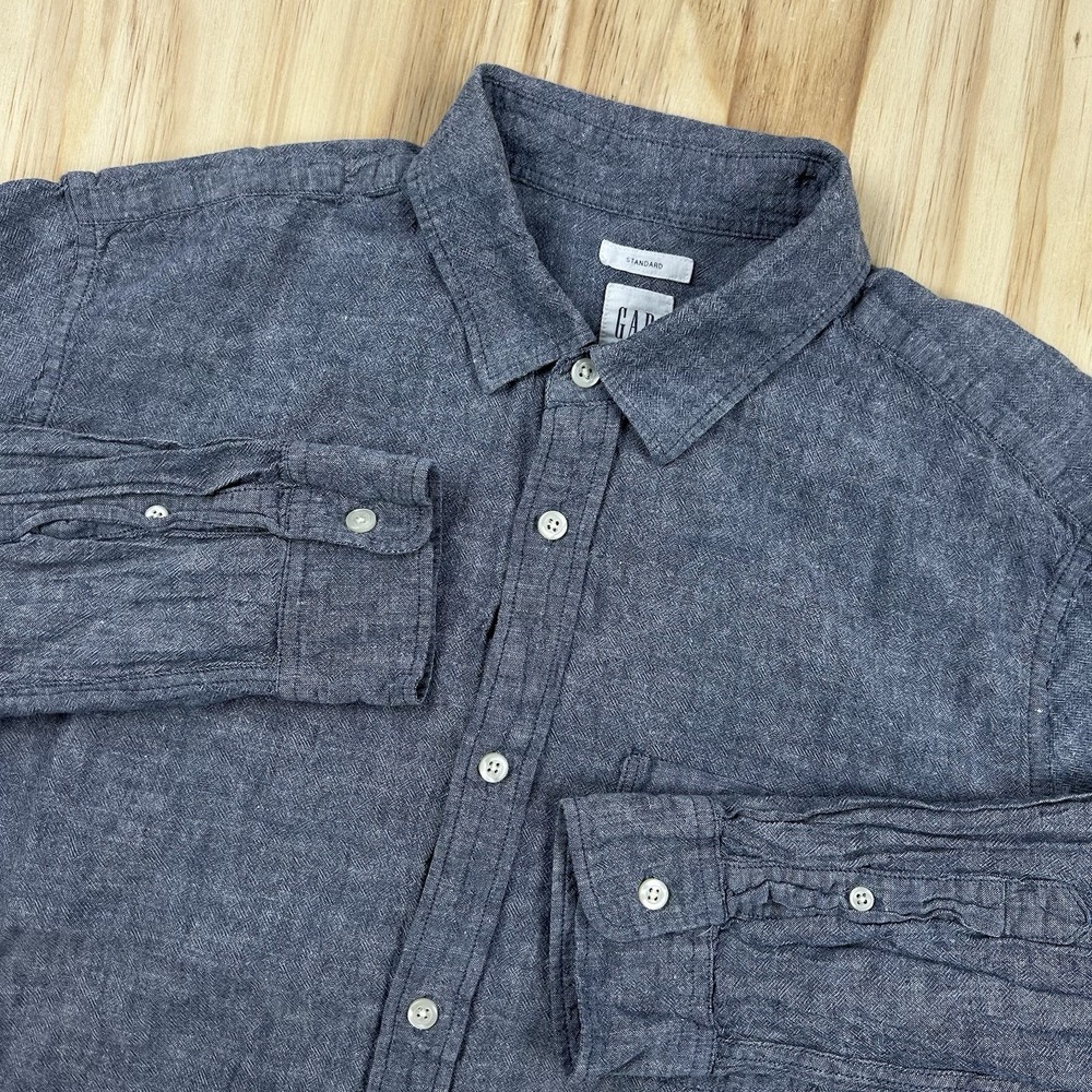 Gap Mens L Heather Blue Linen Blend Standard Fit Long Sleeve Button Up Shirt